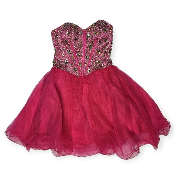 Hot Pink Corset Style Rhinestone Strapless Mini‎ Dress Size 2 - Picture 1 of 10
